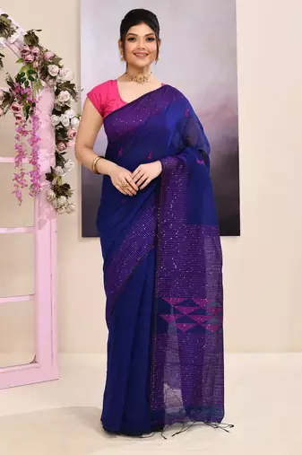Women's blue sequins embellished cotton blend jamdani saree