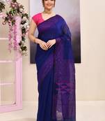 Women's blue sequins embellished cotton blend jamdani saree