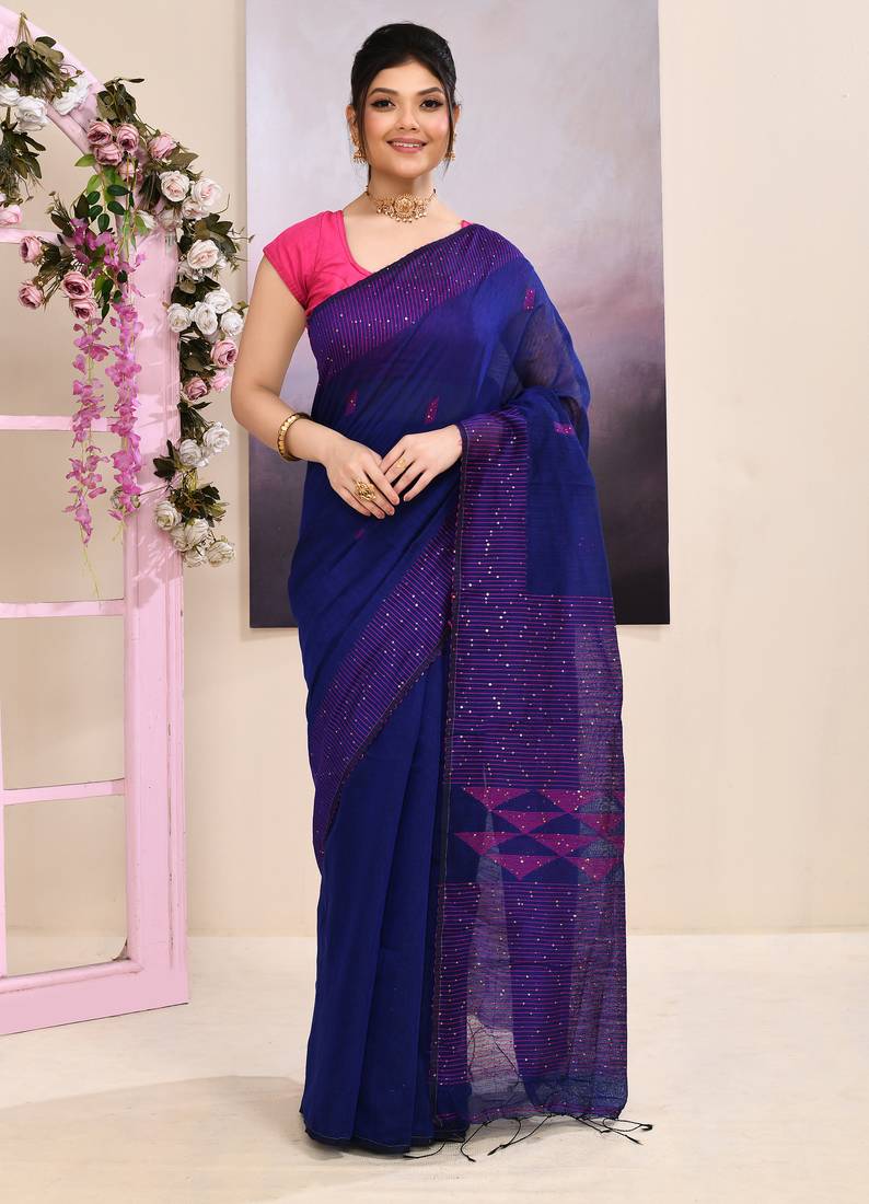 Women's blue sequins embellished cotton blend jamdani saree