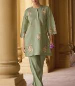 Women's green embroidered roman silk co-ord set