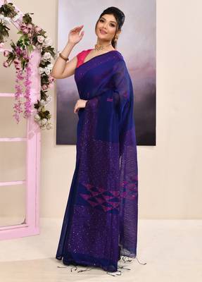 Women's blue sequins embellished cotton blend jamdani saree 2