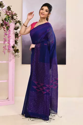 Women's blue sequins embellished cotton blend jamdani saree