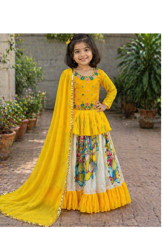 Kediya Style Foux Georgette Embroidery And Digital Printed Yellow Readymade Lehenga Choli 1