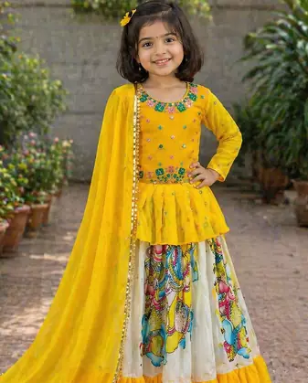 Kediya Style Foux Georgette Embroidery And Digital Printed Yellow Readymade Lehenga Choli