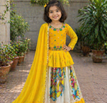 Kediya Style Foux Georgette Embroidery And Digital Printed Yellow Readymade Lehenga Choli