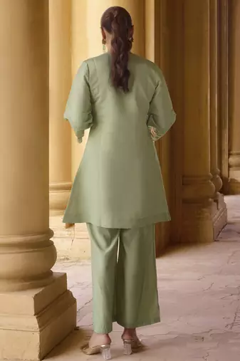 Women's green embroidered roman silk co-ord set