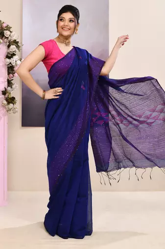 Women's blue sequins embellished cotton blend jamdani saree