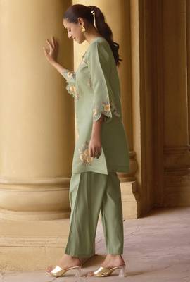 Women's green embroidered roman silk co-ord set 3
