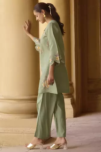 Women's green embroidered roman silk co-ord set