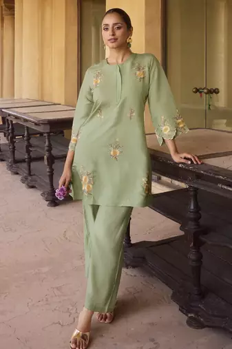 Women's green embroidered roman silk co-ord set