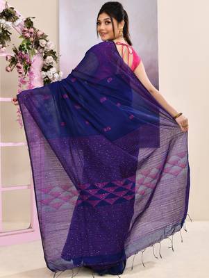 Women's blue sequins embellished cotton blend jamdani saree 4