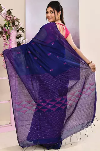 Women's blue sequins embellished cotton blend jamdani saree