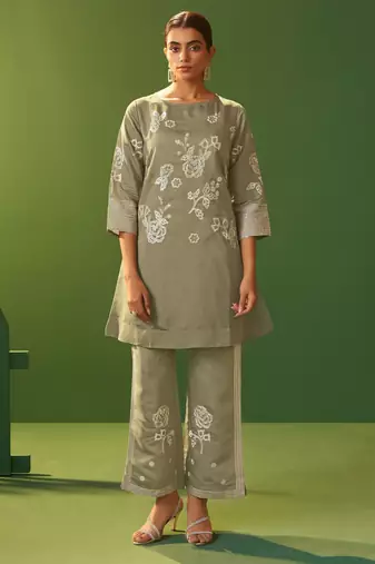 Grey roman silk embroidered a-line co-ord set