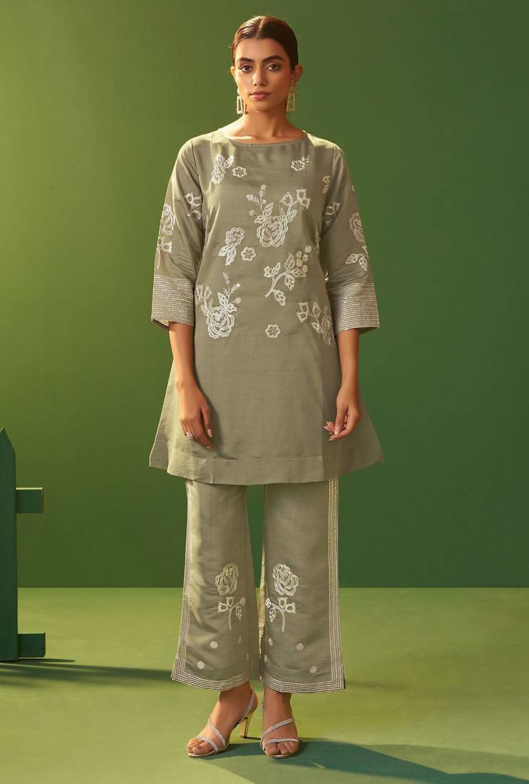 Grey roman silk embroidered a-line co-ord set