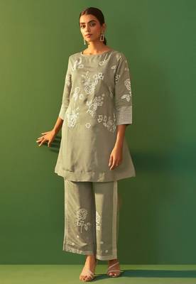 Grey roman silk embroidered a-line co-ord set 3