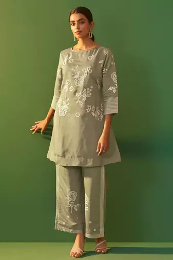 Grey roman silk embroidered a-line co-ord set