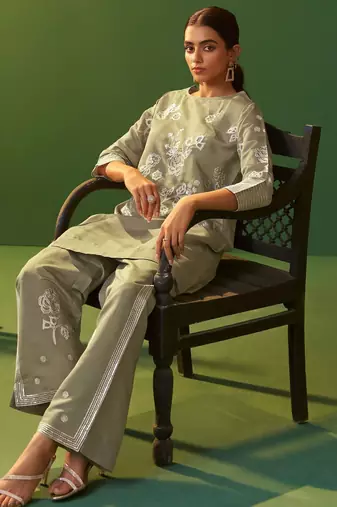 Grey roman silk embroidered a-line co-ord set