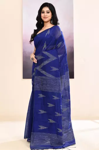 Women's blue embellished cotton blend jamdani saree