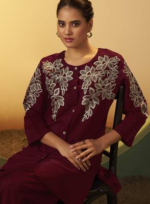 Women's maroon embroidered flared roman silk co-ord set 1