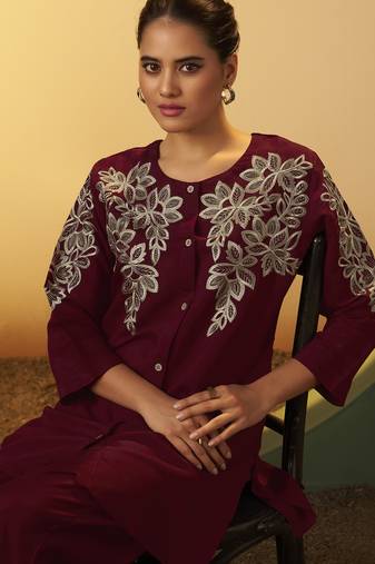 Women's maroon embroidered flared roman silk co-ord set