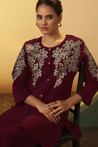 Women's maroon embroidered flared roman silk co-ord set