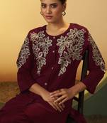 Women's maroon embroidered flared roman silk co-ord set