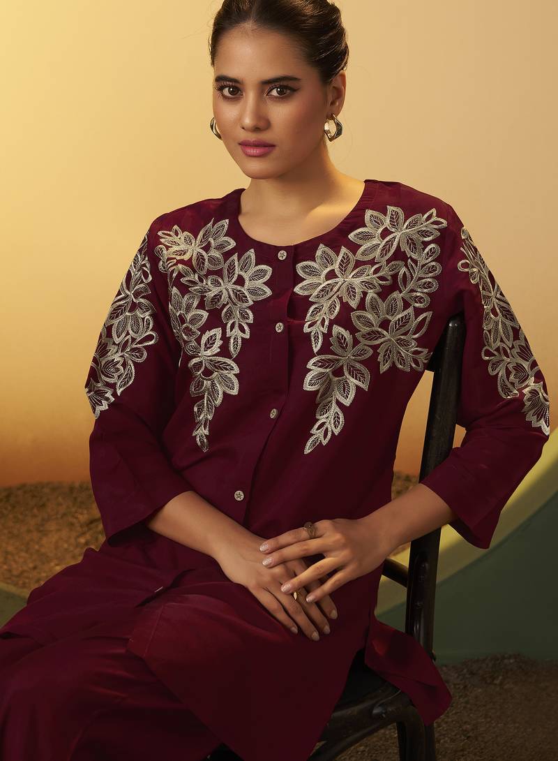 Women's maroon embroidered flared roman silk co-ord set