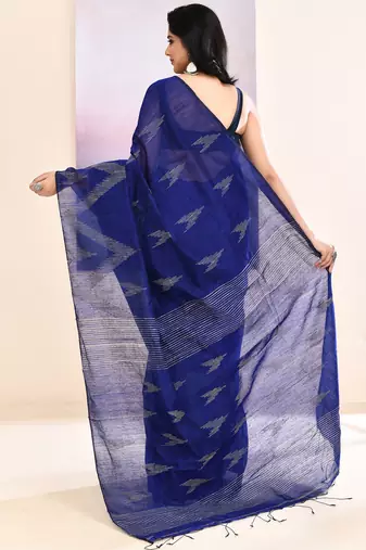 Women's blue embellished cotton blend jamdani saree