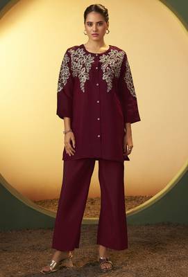 Women's maroon embroidered flared roman silk co-ord set 2