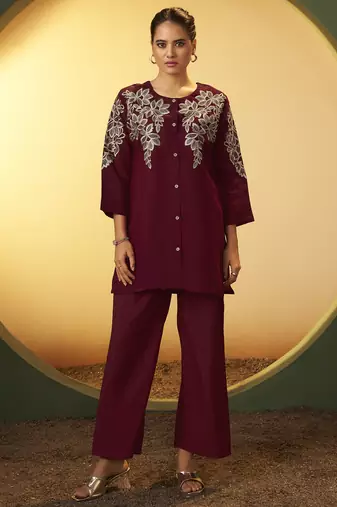 Women's maroon embroidered flared roman silk co-ord set