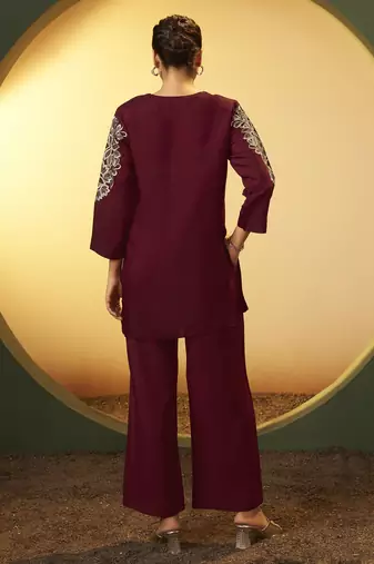 Women's maroon embroidered flared roman silk co-ord set