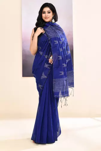 Women's blue embellished cotton blend jamdani saree