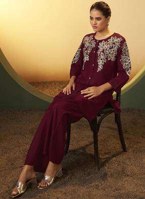 Women's maroon embroidered flared roman silk co-ord set 4