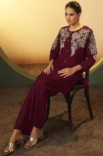 Women's maroon embroidered flared roman silk co-ord set