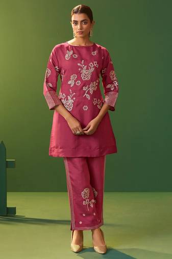 Bright pink roman silk embroidered a-line co-ord set