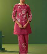 Bright pink roman silk embroidered a-line co-ord set