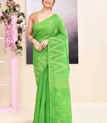 Women's green embellished cotton blend jamdani saree