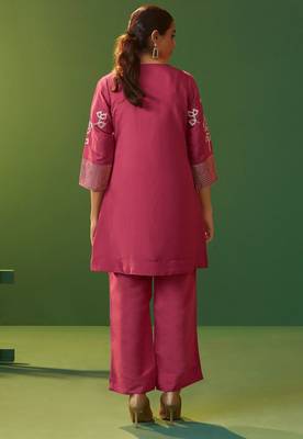 Bright pink roman silk embroidered a-line co-ord set 2