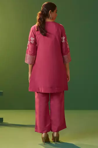 Bright pink roman silk embroidered a-line co-ord set