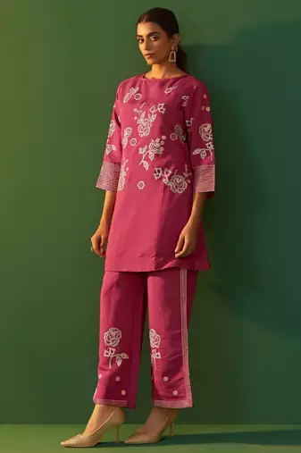 Bright pink roman silk embroidered a-line co-ord set