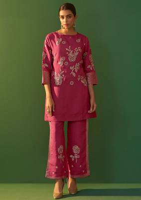 Bright pink roman silk embroidered a-line co-ord set 4