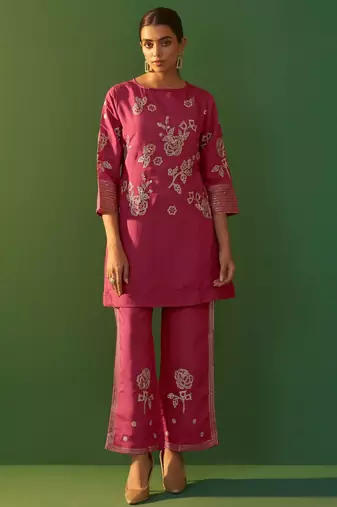 Bright pink roman silk embroidered a-line co-ord set