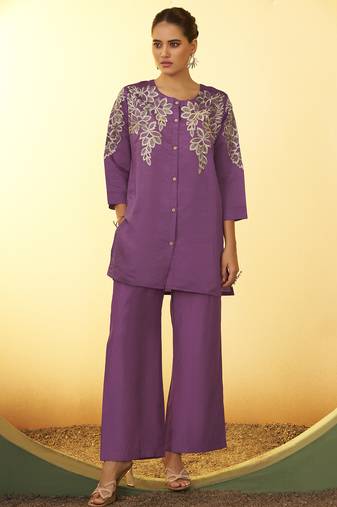 Women's purple embroidered flared roman silk co-ord set