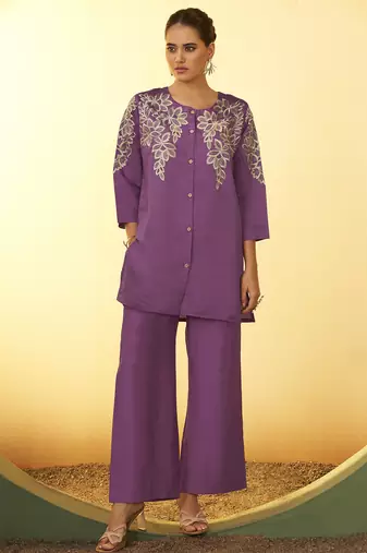 Women's purple embroidered flared roman silk co-ord set