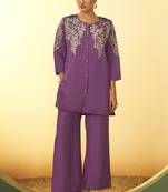 Women's purple embroidered flared roman silk co-ord set