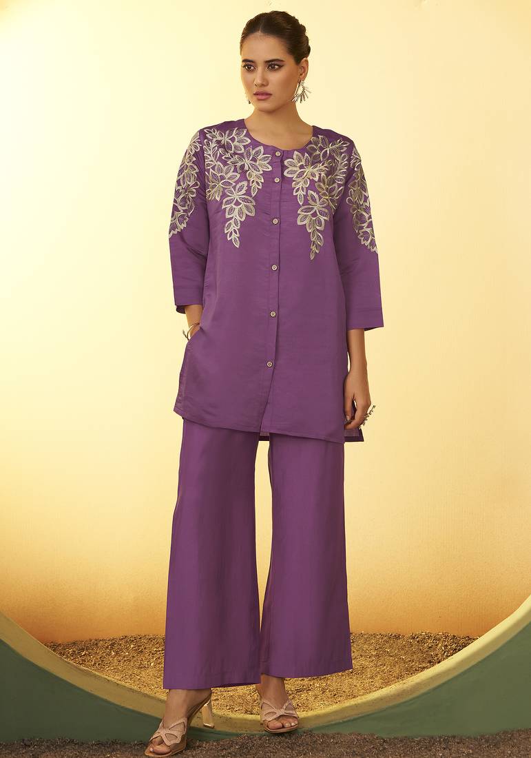Women's purple embroidered flared roman silk co-ord set