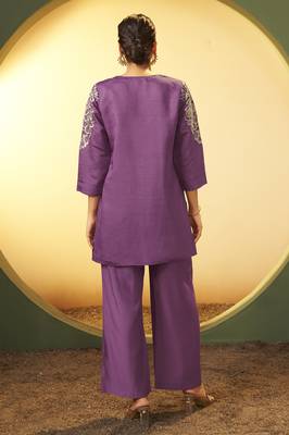 Women's purple embroidered flared roman silk co-ord set 2
