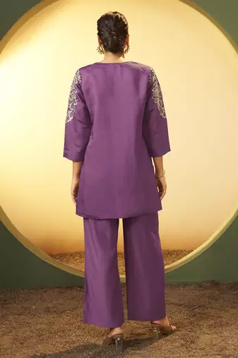 Women's purple embroidered flared roman silk co-ord set
