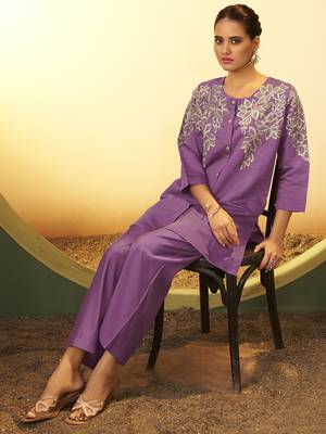 Women's purple embroidered flared roman silk co-ord set 3