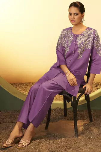 Women's purple embroidered flared roman silk co-ord set